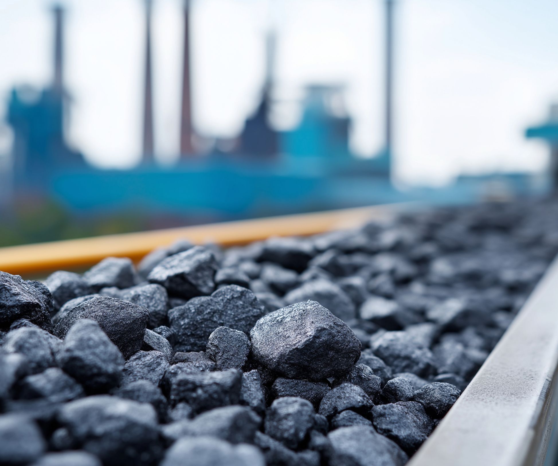 工場を背景に、運搬中の石炭の塊が積まれているクローズアップ